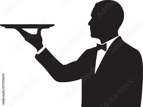 A person in formal attire, likely a waiter or server, holding up an empty silver platter. The hand is extended from the right side of the frame silhouette vector