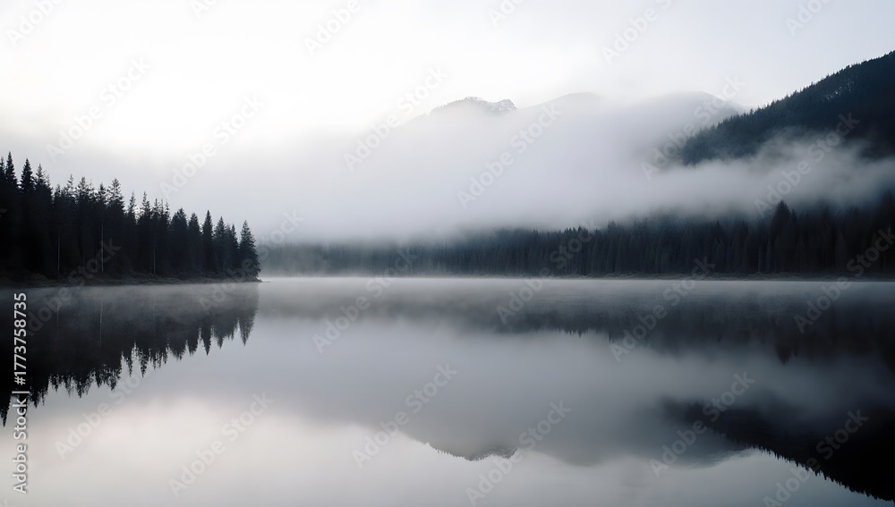 Fototapeta premium A misty lake landscape with perfect reflections, emphasizing nature's tranquility and scenic beauty.