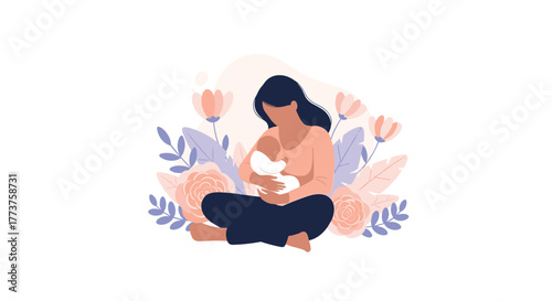 Illustration of a woman breastfeeding her baby surrounded by flowers.