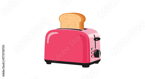A pink toaster with a slice of toast sticking out of the top, suggesting breakfast, cooking, or a retro kitchen appliance.