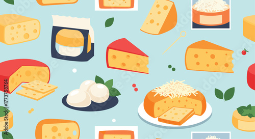 Seamless cheese pattern with different types, like cheddar, mozzarella, and parmesan, set against a light blue backdrop for a playful design.
