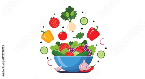 A colorful illustration of a healthy salad bowl with fresh vegetables and ingredients.