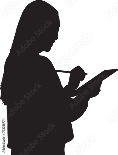 Portrait silhouette of a smiling young Asian woman wearing an sweater, holding a tablet with one hand and a digital stylus in the other silhouette vector
