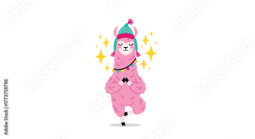Pink llama wearing a hat and festive lights meditates peacefully among sparkling stars.