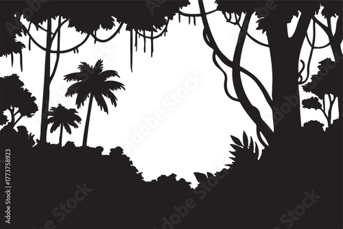 silhouette of lush tropical forest jungle landscape trees vines plants