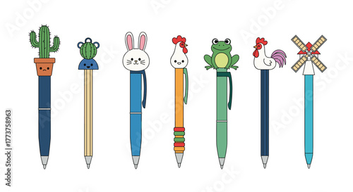 A colorful assortment of whimsical pens featuring a cactus, bunny, frog, chicken, and windmill design, perfect for adding fun to writing.