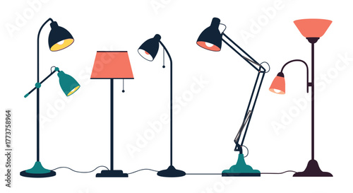 Collection of stylish floor lamps in various designs, showcasing modern home decor and providing ambient lighting in a room.