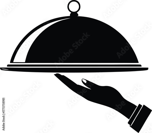 The shows a shiny silver cloche being lifted off a matching silver platter, revealing an empty surface, set against a white background