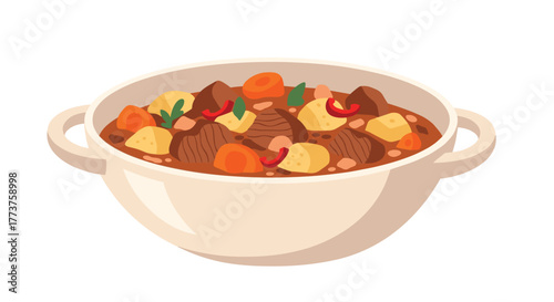 A hearty stew filled with meat, vegetables, and rich flavors, served in a ceramic bowl.