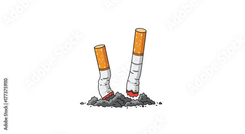 Two cigarette butts extinguished in a pile of ash against a white background.