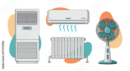Illustrative scene of home heating and cooling systems, featuring an air conditioner, floor fan, tower cooler, and radiator for a cozy indoor climate.