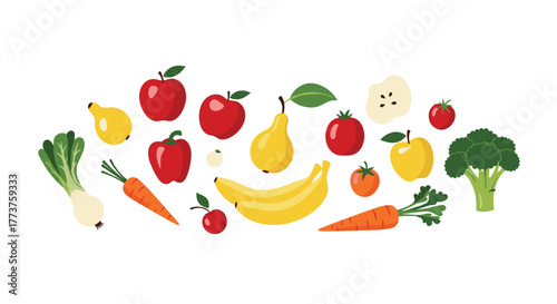 Colorful assortment of fresh produce including fruits, vegetables, and greens for healthy eating isolated on a white background.