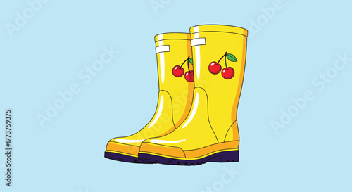 Cute yellow rain boots with cherry design, perfect for rainy days, children, or fashion, on light blue background.