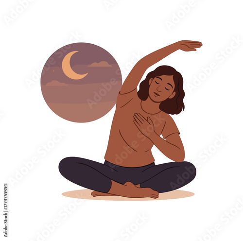 evening stretching session gentle wind down and embodied awareness practice flat vector illustration style isolated on white background
