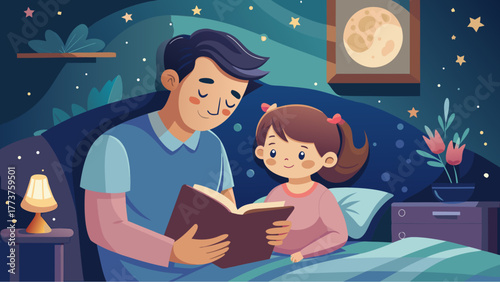 Father reading bedtime story to daughter in cozy bedroom with night sky, stars and moon in the background