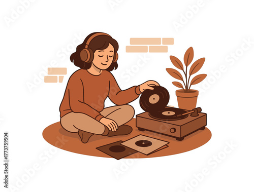 listening to vinyl records cozy nostalgic slow living experience flat vector illustration style isolated on white background