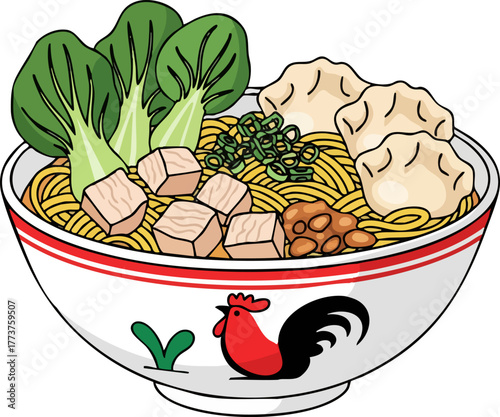 Mie Ayam (Chicken Noodles) in a traditional rooster bowl, flat vector illustration.