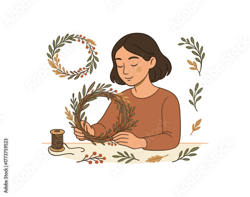 creating seasonal wreath mindful crafting and celebrating natural cycles flat vector illustration style isolated on white background
