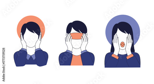 See no evil, hear no evil, speak no evil concept with three figures portraying the proverb by covering their eyes, ears, and mouth.