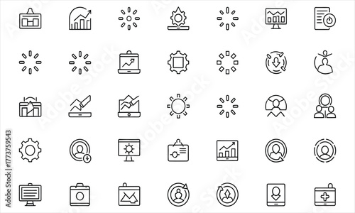 Modern line icons for user interface design. Set includes loading, data analytics, user profiles, and settings. Ideal vector symbols for web and mobile apps