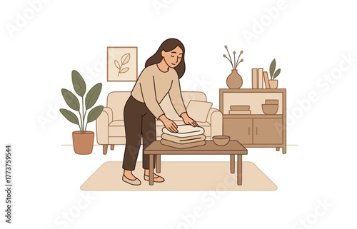 tidying home with intention mindful minimalism and peaceful domestic life flat vector illustration style isolated on white background