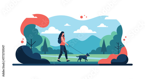 Flat illustration of a woman walking her dog in a park with abstract shapes and mountains in the background.