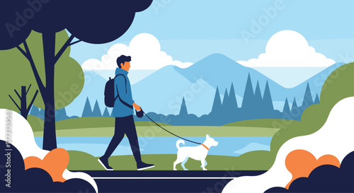 A person walks their dog on a leash through a scenic park with mountains and trees in the background.
