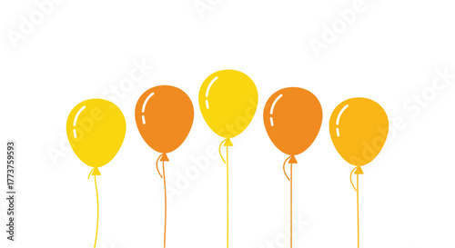 A colorful array of five balloons in various shades of yellow and orange, floating against a clean white background, ready for celebration.