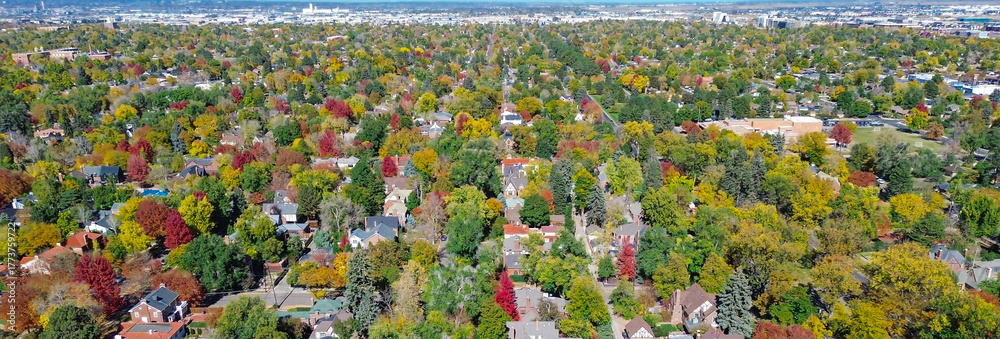 Fototapeta premium Panorama aerial view fall foliage dense suburban canopy Denver mixed-use corridor. Tree-lined homes giving way to warehouses, logistic hubs, low-rise buildings, industrial zone near Quebec Street