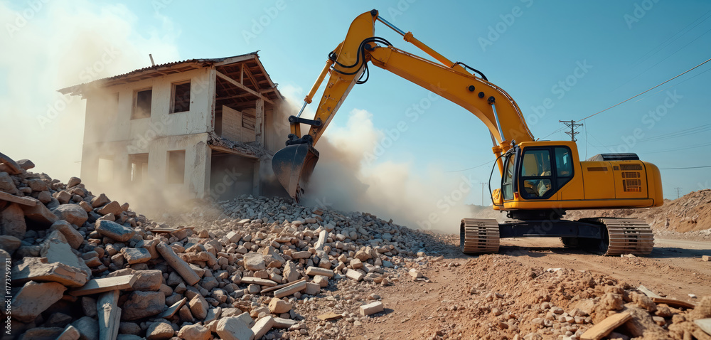 Fototapeta premium Excavator demolishes old house structure creating dust cloud. Piles of rubble from broken building. Machine dismantles concrete walls, preparing site for new construction.
