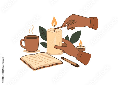 evening gratitude ritual candle lighting and reflective journaling practice flat vector illustration style isolated on white background