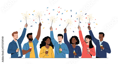 Diverse group of friends celebrating with sparklers and drinks under falling confetti, capturing the joy of a festive occasion.