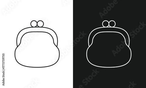Minimalist Coin Purse Line Art Icon, Simple Retro Change Purse with Clasp Symbol, Modern Vector Graphic for Finance, Savings, and Personal Budgeting, Black and White Versions.