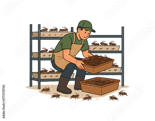 worker harvesting crickets indoor farm sustainable food source process flat vector illustration style isolated on white background