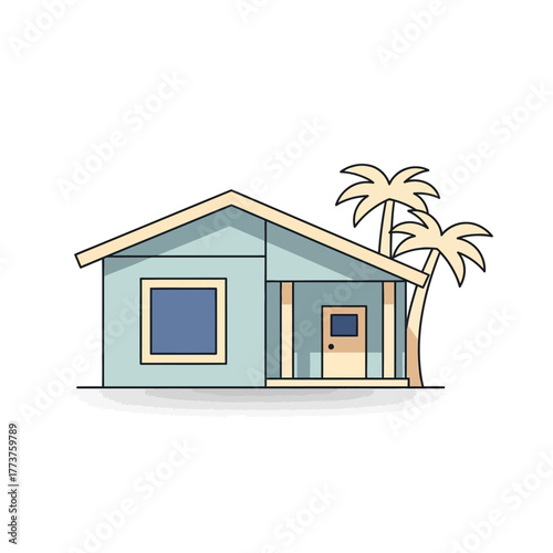 Simple Illustration of a Tropical Bungalow with Palm Trees and a Welcoming Porch
