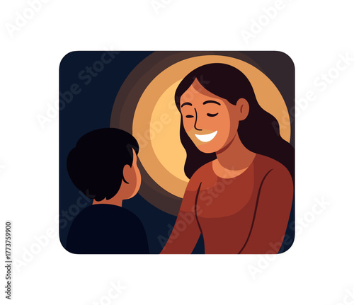 mother smile lighting up dark room metaphor for guidance and love flat vector illustration style isolated on white background