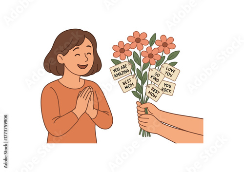 mother receiving bouquet with messages attached to each flower meaningful surprise flat vector illustration style isolated on white background
