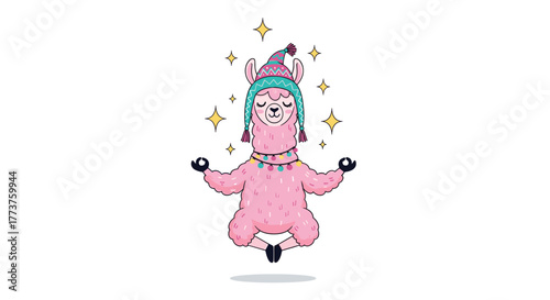 A meditating pink llama wearing a hat, surrounded by glowing stars, in a serene pose, demonstrating mindfulness and tranquility on a white background, perfect for calm and peace themes and designs.