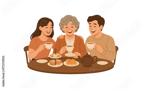 mother and grownup children enjoying afternoon tea nostalgic and joyful reunion flat vector illustration style isolated on white background