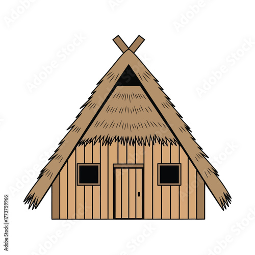 Illustration of a Rustic Thatched Roof Cabin with Wooden Walls and Windows