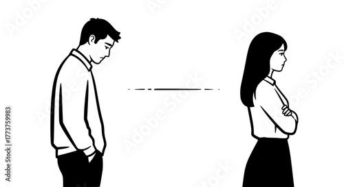 Vector of a man and woman standing apart, representing distance or breakup