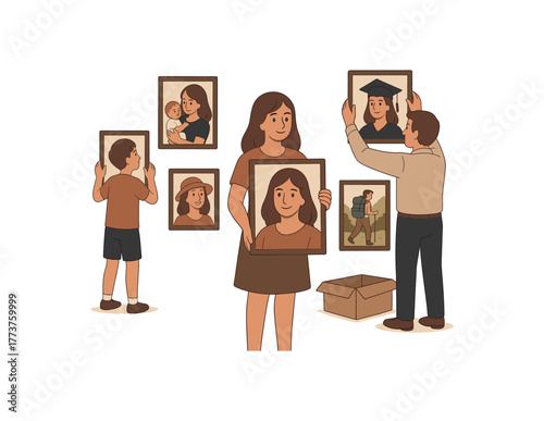 family organizing photo exhibition of mother life journey special tribute flat vector illustration style isolated on white background