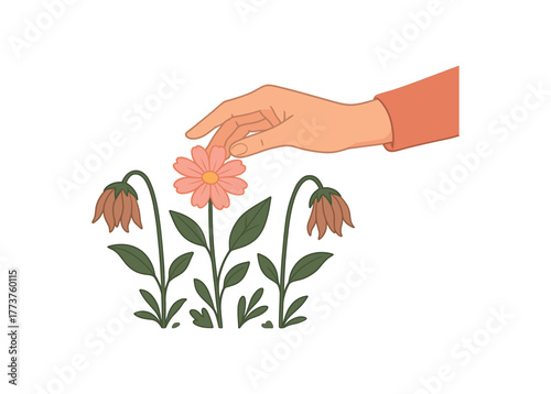 mother touch turning wilted flowers into blossoms symbolizing healing love flat vector illustration style isolated on white background