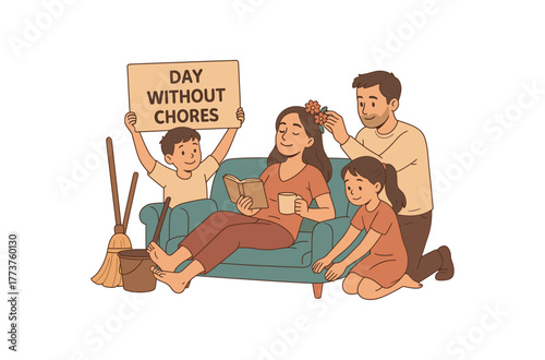 family organizing day without chores as special mothers day gift relaxation and care flat vector illustration style isolated on white background