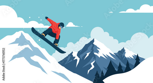 A snowboarder soars through the air in a snowy mountain landscape, capturing the thrill and beauty of winter sports in a clean, stylized design.