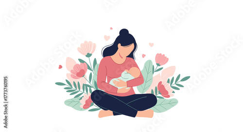 A serene illustration depicts a mother breastfeeding her baby amidst a floral arrangement, conveying love and care.