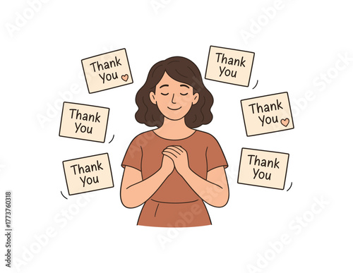 mother surrounded by floating thank you notes from family symbolic gesture of appreciation flat vector illustration style isolated on white background