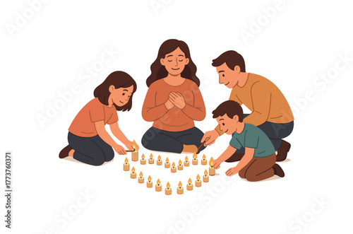 family lighting candles around mom forming heart shape symbolic celebration of love flat vector illustration style isolated on white background