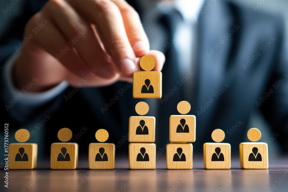 Naklejka premium Building the Hierarchy: A hand carefully places a figure atop a pyramid of blocks, symbolizing human resources and leadership