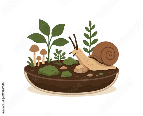 snail exploring miniature garden terrarium enrichment and natural behavior flat vector illustration style isolated on white background